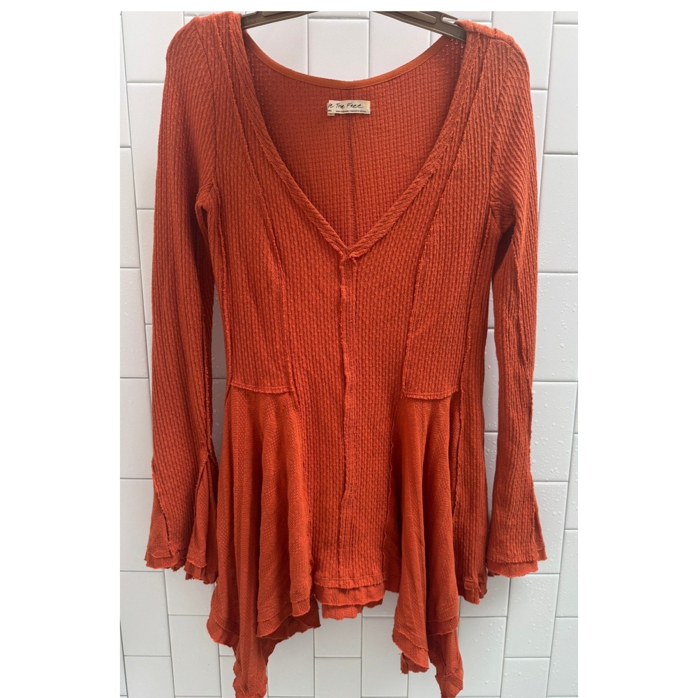 Free People We The Free Burnt Orange Primrose Thermal Peplum V-Neck Top Bell S